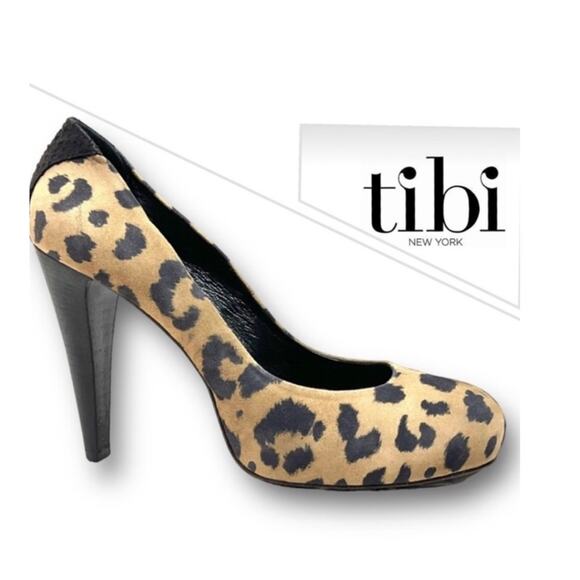 TIBI NEW YORK Suede Leather Cheetah Tan & Black Reptile Accent Back of Heels 10 - Picture 1 of 16